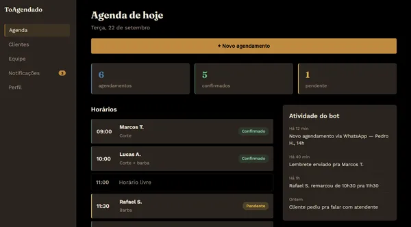 Painel ToAgendado com agenda, clientes e atividade do bot de WhatsApp